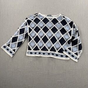 Charlie B Crochet Diamond Knit Sunburst Sweater Navy Blue White C4499-777B ML